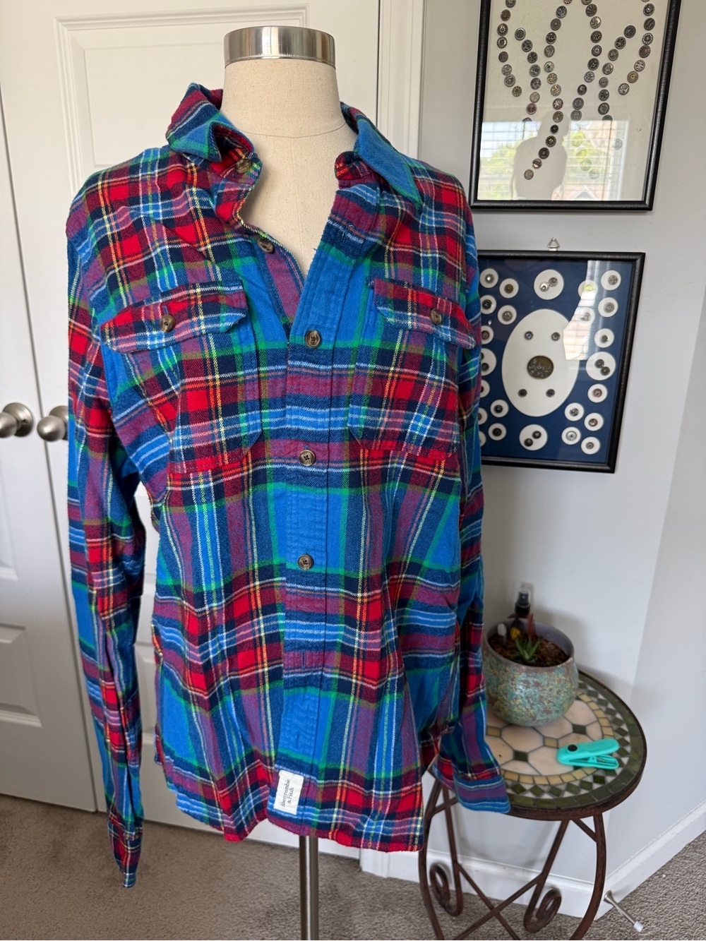 Abercrombie & Fitch Blue, Red & Green Plaid Flannel Shirt